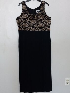 R.J. & Co Sleeveless Black Dress with Gold Lace Bodice Size 14